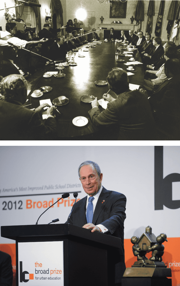 Top: Eli with Los Angeles Mayor Tom Bradley Middle, left: Eli and Edye with Vice President Al Gore and Tipper Gore, late 1990s Middle, right: Eli with President Jimmy Carter in a cabinet meeting at the White House Bottom: New York City Michael Bloomberg at the 2012 Broad Prize for Urban Education. Courtesy of Diane Bondareff